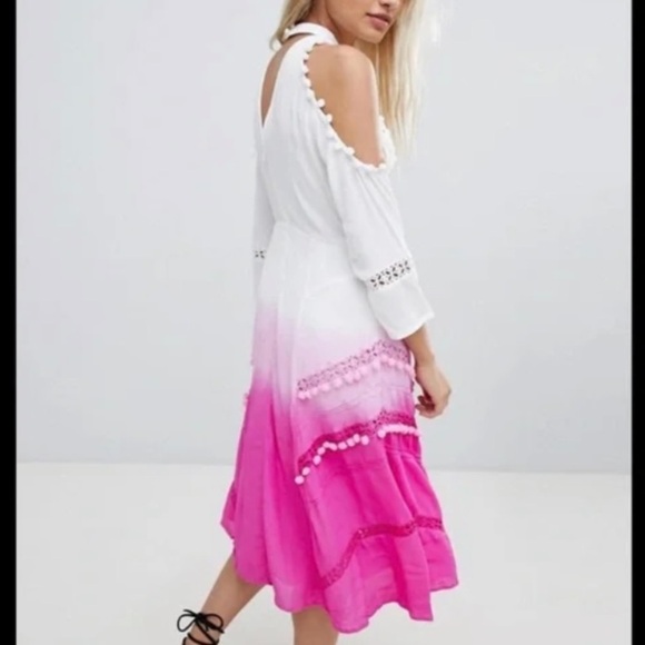 ASOS White and Pink Ombre Dip Dye Lace Flare Dress with Cold Shoulder Size 0 - Picture 3 of 7